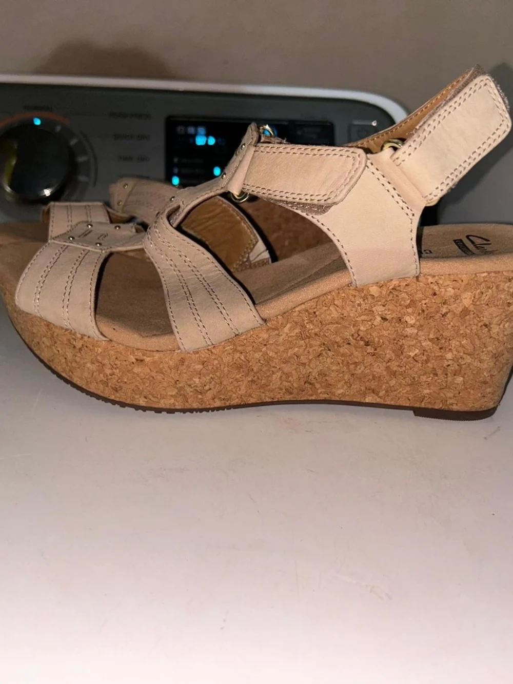 Clarks Beige Cork Wedge Sandals